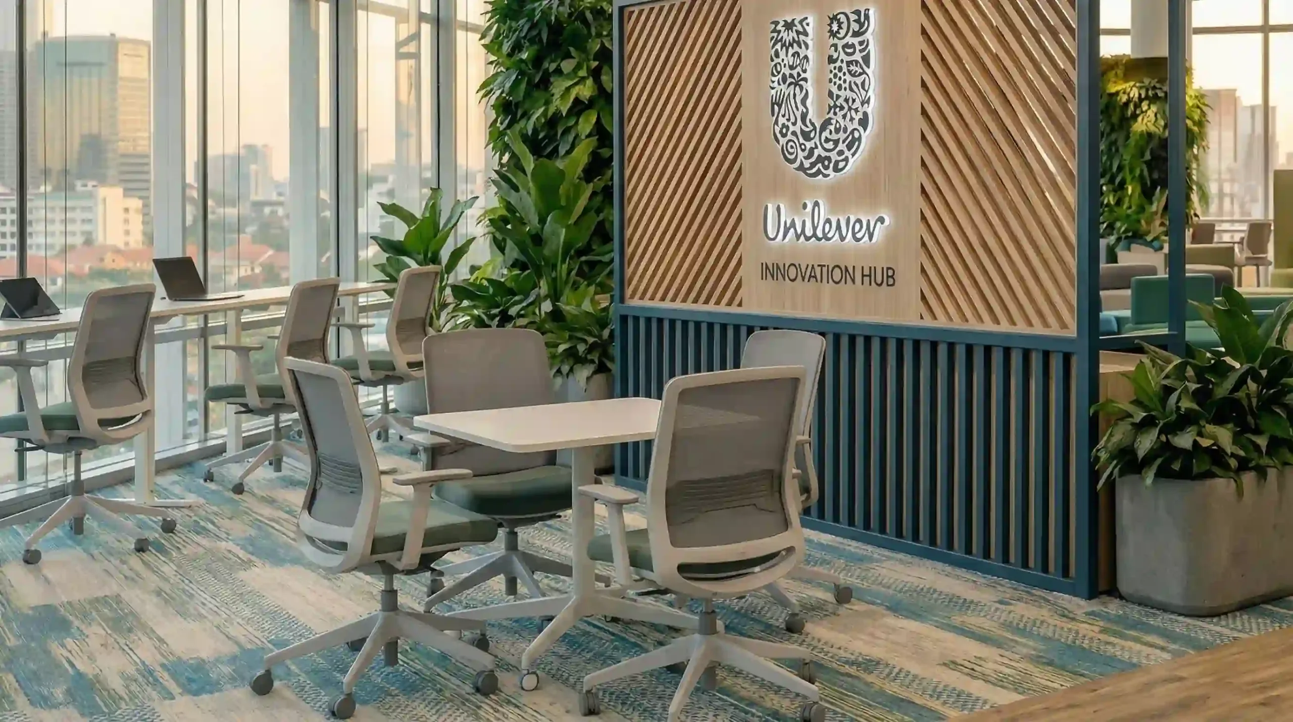 Bàn làm việc vuông màu trắng cùng bốn ghế xoay lưng lưới xám đặt cạnh vách ngăn lam gỗ.