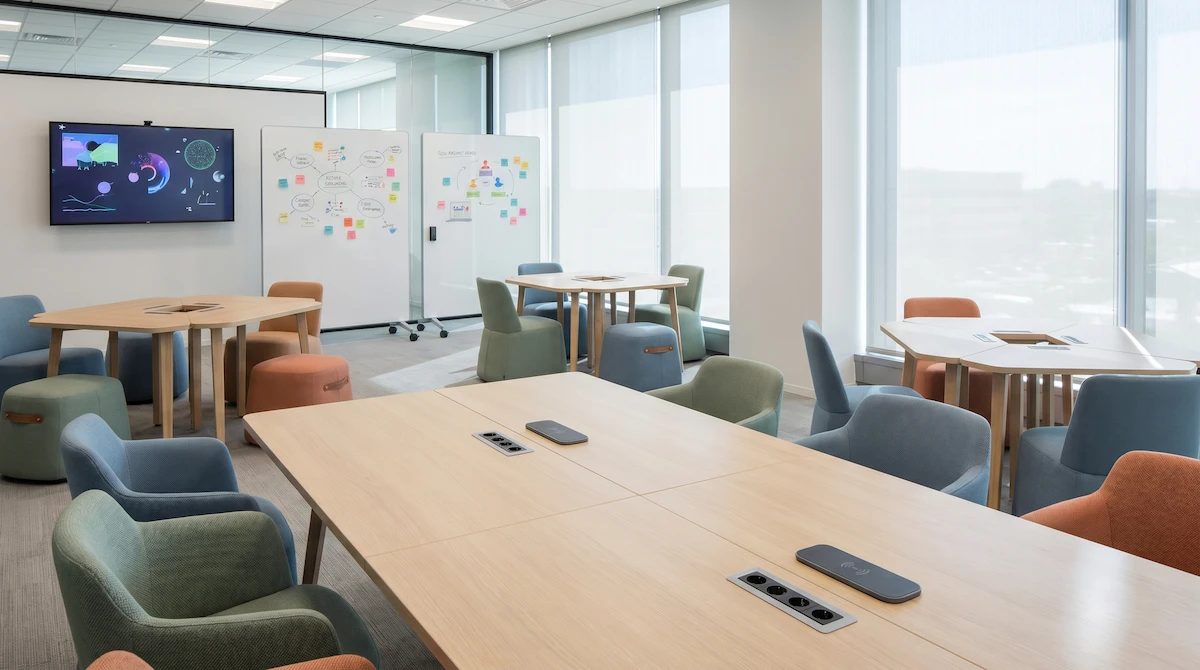 Mặt bằng văn phòng Agile bố trí bàn làm việc ghép nối đa năng và màn hình tương tác cảm ứng