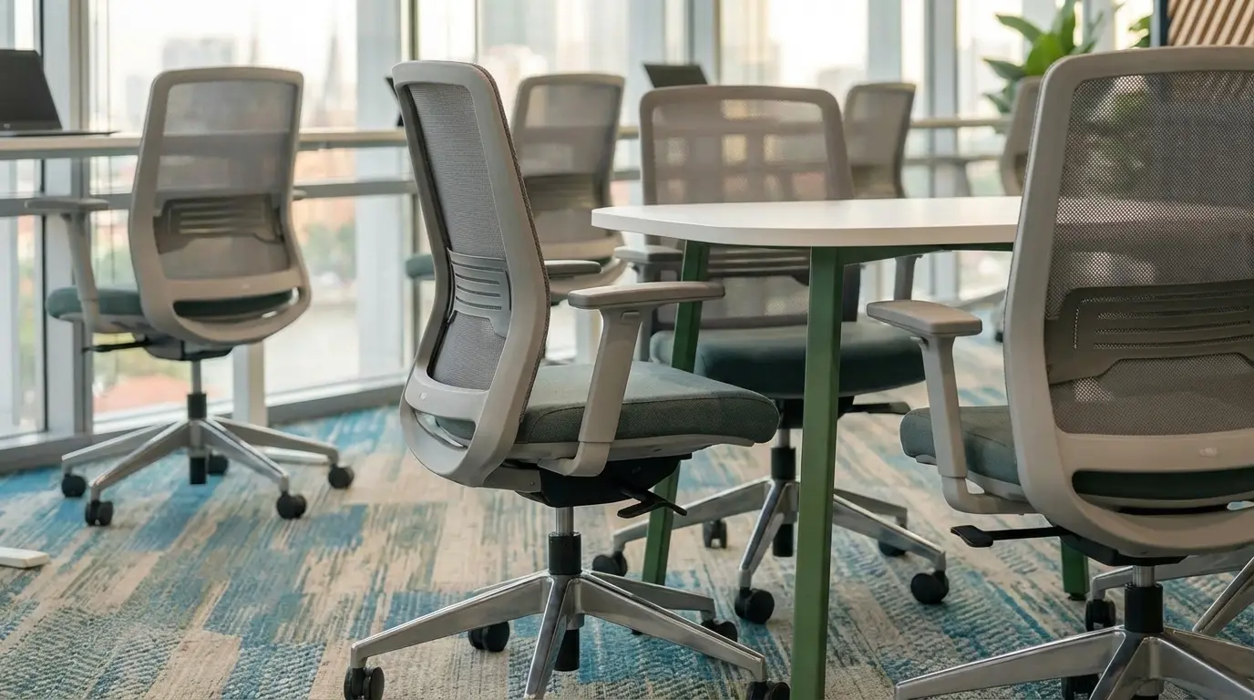 Cận cảnh ghế văn phòng lưng lưới xám, đệm ngồi xanh lá và bàn làm việc trắng chân xanh.