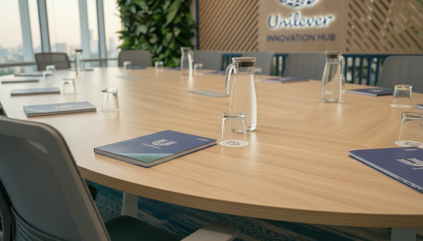 Cận cảnh mặt bàn họp bằng gỗ với các sổ tay logo Unilever màu xanh, bình thủy tinh và ly nước.