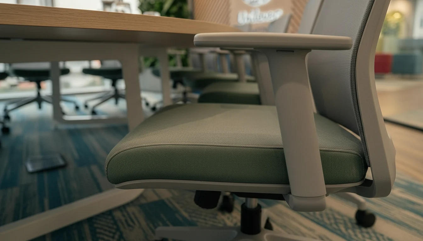 Chi tiết đệm ngồi màu xanh lá cây, tay vịn và phần lưng lưới xám của ghế văn phòng.