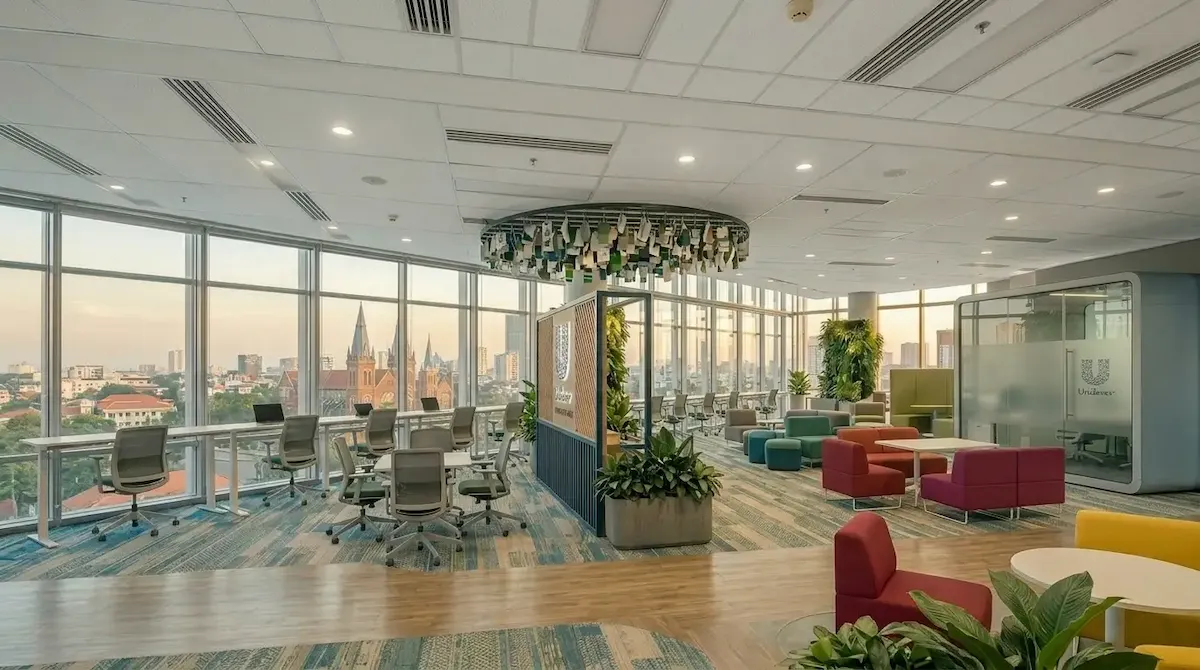 Dãy bàn làm việc sát vách kính dự án Unilever Dãy bàn hot-desking sát cửa sổ vách kính trong dự án Unilever Innovation Hub.