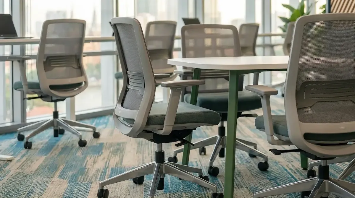 Ghế văn phòng đệm xanh lá nổi bật Cận cảnh mẫu ghế văn phòng đệm xanh lá cây trong không gian dự án Unilever Innovation Hub.