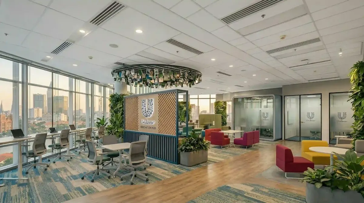 Dự án Unilever Innovation Hub toàn cảnh Tổng quan không gian dự án Unilever Innovation Hub với thiết kế Agile Workspace hiện đại.