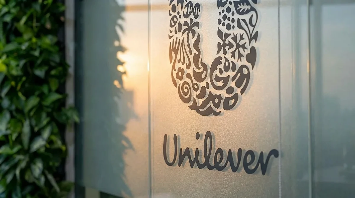 Logo Unilever phản chiếu hoàng hôn Logo Unilever trên vách kính mờ bắt trọn khoảnh khắc hoàng hôn tại tòa nhà Deutsches Haus.