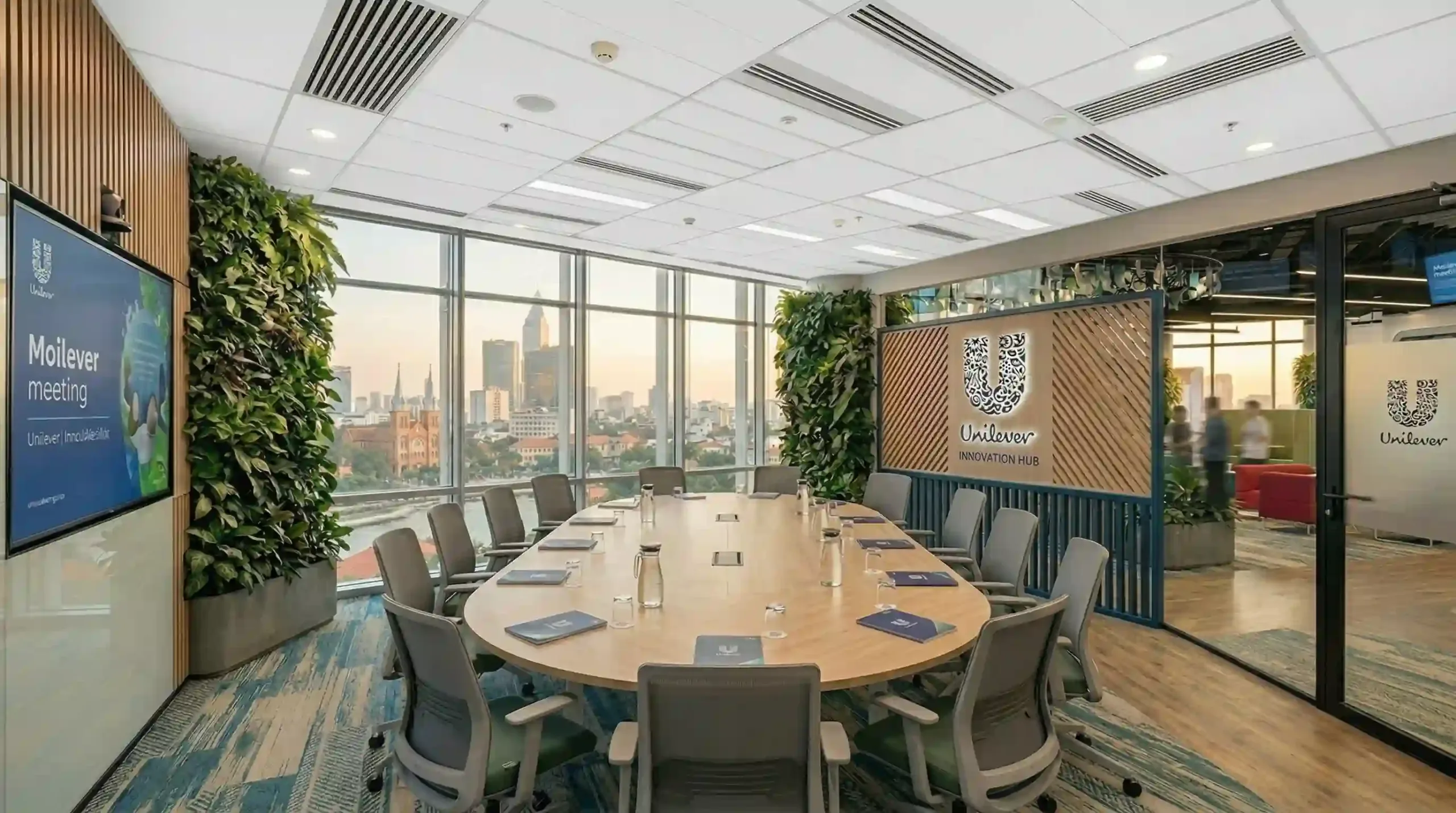 Phòng họp lớn tại Unilever Innovation Hub với bàn họp gỗ dài, màn hình tivi hiển thị 'Moilever meeting' và mảng tường cây xanh.