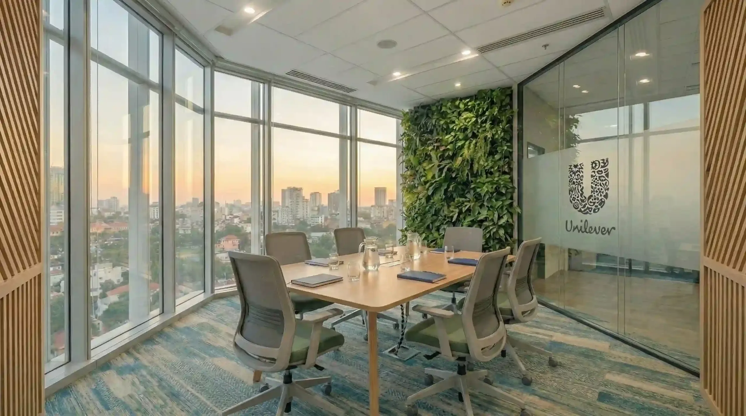 Phòng họp nhỏ với bàn gỗ chữ nhật, sáu ghế xoay lưới xám và vách kính mờ in logo Unilever.