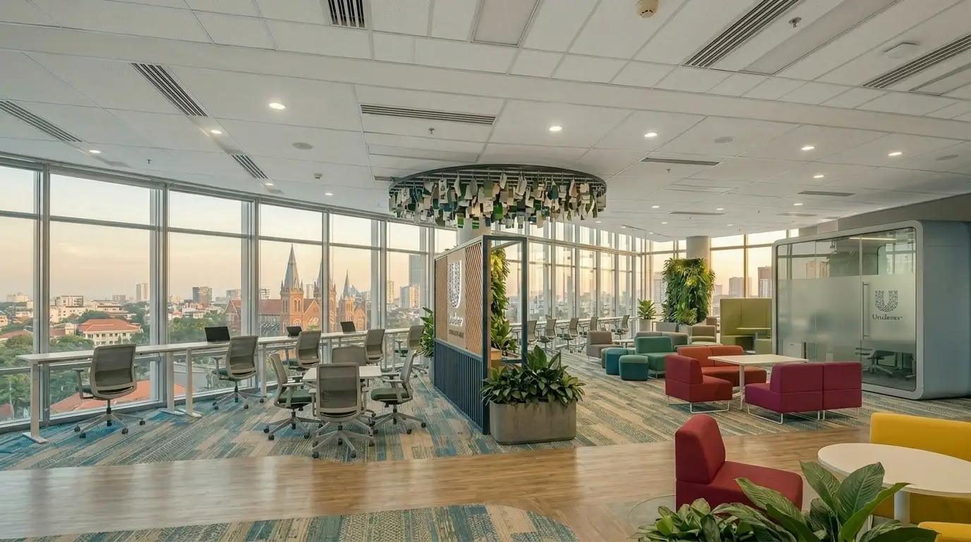 Toàn cảnh khu vực làm việc chung nhìn dọc theo dãy cửa sổ kính lớn, có trần trang trí hình tròn treo nhiều chi tiết nhỏ.