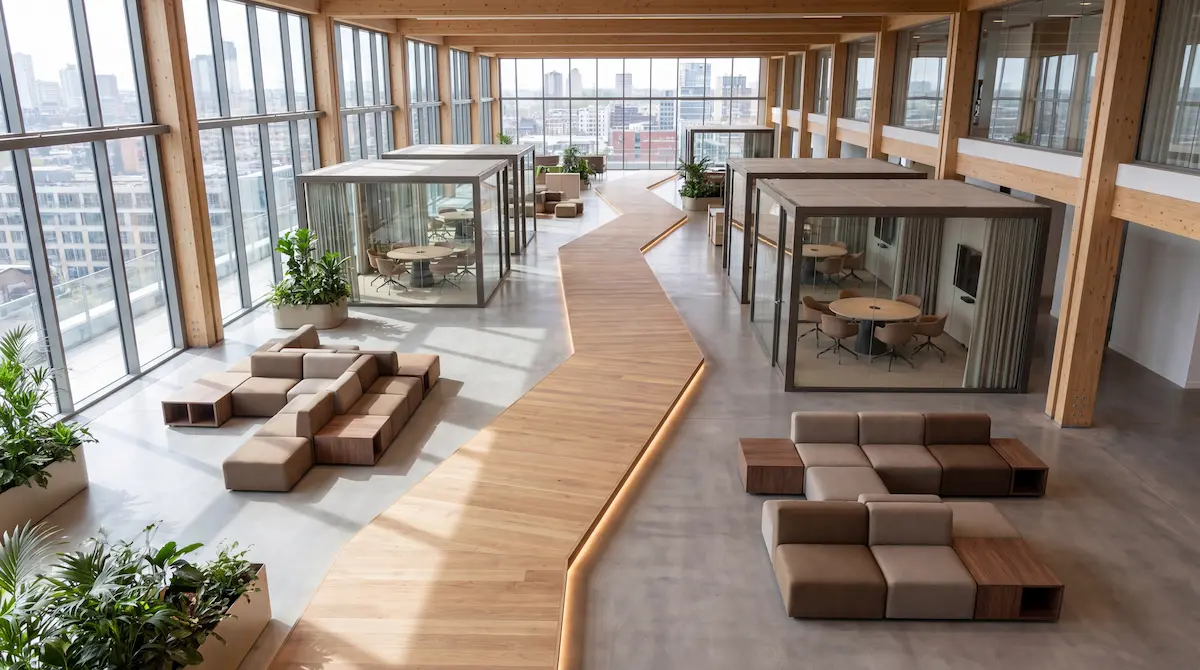 Bố cục văn phòng linh hoạt sử dụng các module bốt cách âm kính cường lực đặt giữa sảnh chung
