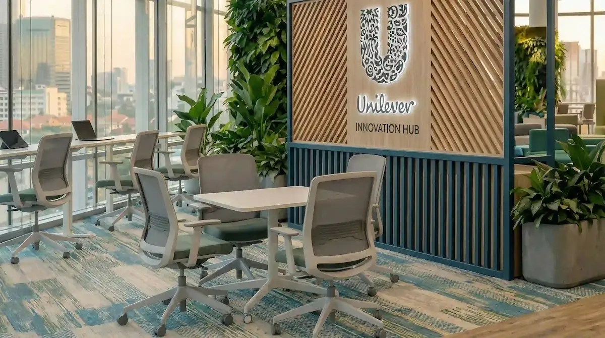 Hệ vách lam gỗ logo dự án Unilever Innovation Hub Hệ vách lam gỗ nghệ thuật được khắc logo Innovation Hub sắc nét trong dự án Unilever.